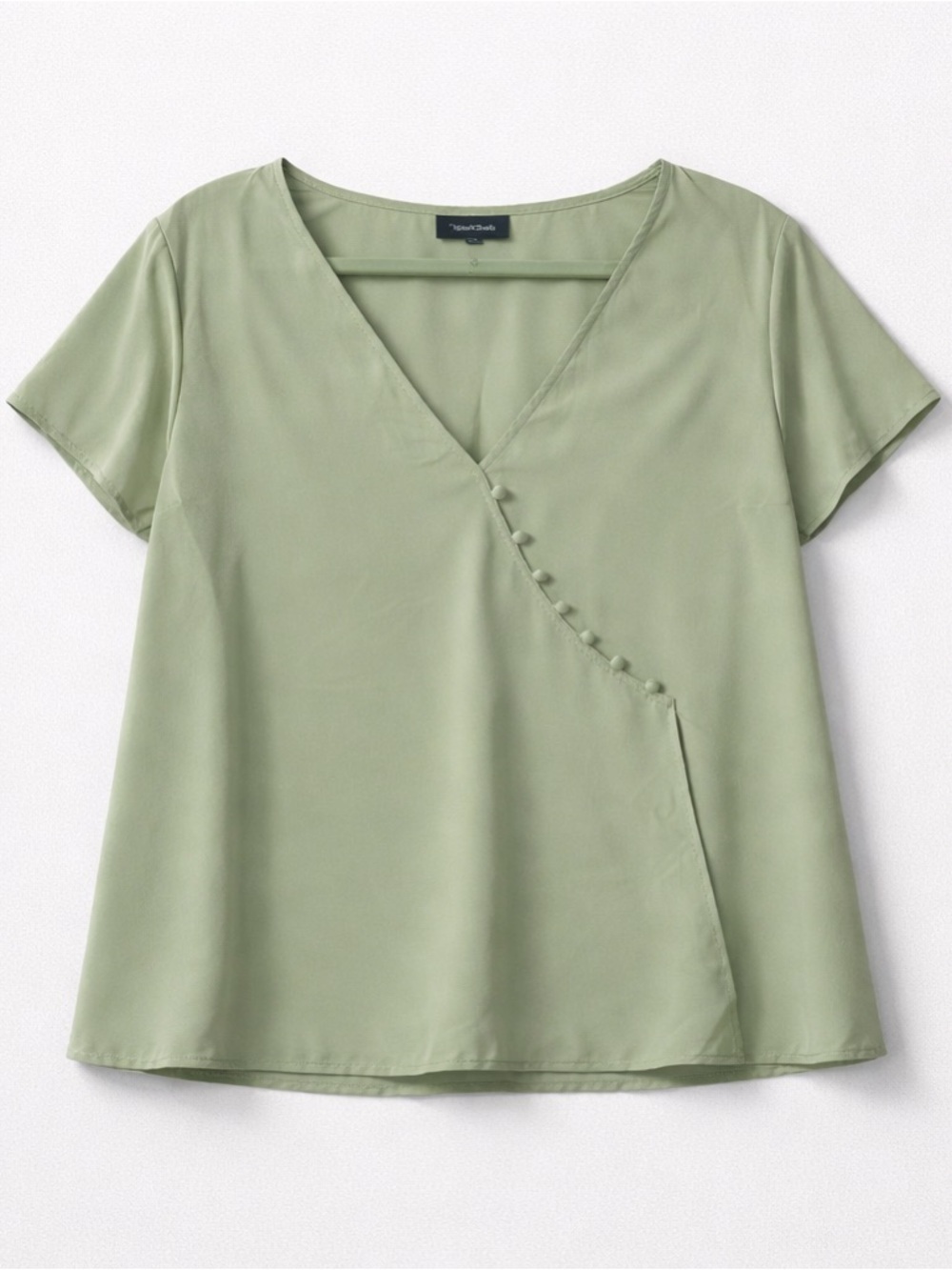ModCloth Sage Green Faux-Wrap Blouse – V-Neck Button Detail Top (XL)